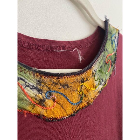 Handmade Burgundy T-Shirt Dress With Embroidered Detail Boho Style Best for M/L - Picture 4 of 5